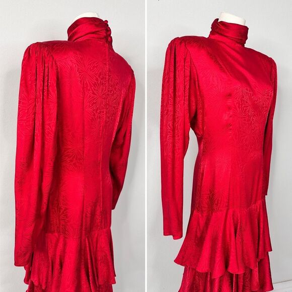 Vtg 80s David Josef 100% Silk Midi Dress Red Jacquard Neiman Marcus M Holidays - Picture 8 of 16